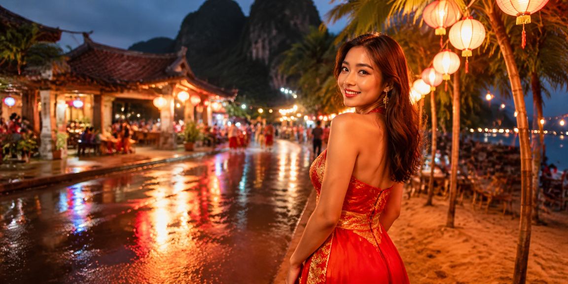 Chợ đêm Ninh Bình với không khí lễ hội và người dùng đang tham gia xổ số trực tuyến qua điện thoại